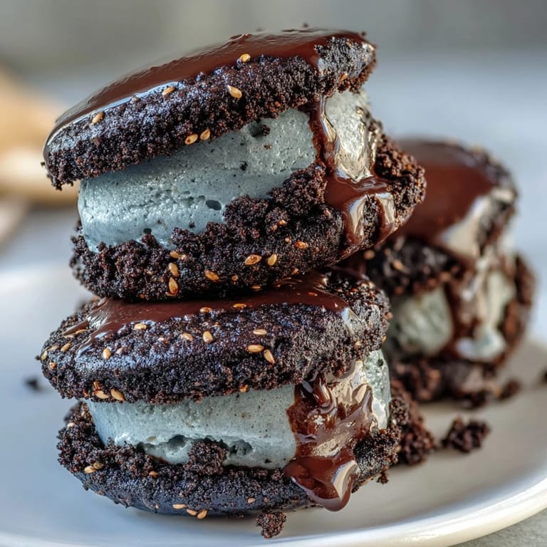 Visually striking black sesame ice cream sandwich with rolled sesame edges, served on a minimalist platter.
