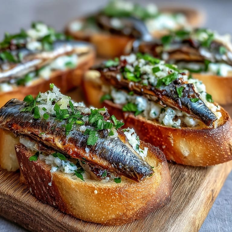 Rustic Crostini with Sardines & Lemon on toasted baguette slices, flaky sea salt, and vibrant lemon zest finish.