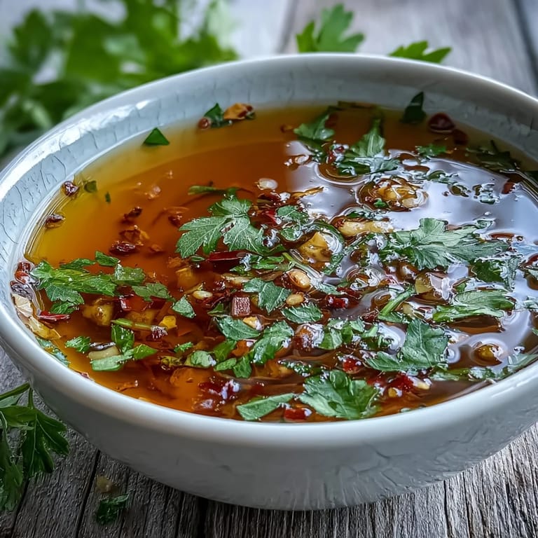 A close-up of spicy Garlic Chilli Oil Dipping Sauce with vibrant red chili flakes, served alongside steamy noodles and herbs.