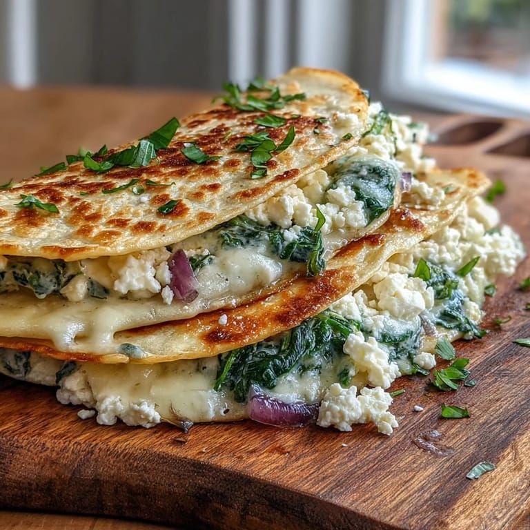Miękkie Quesadillas z Feta i Szpinakiem, tuż po usmażeniu, z wylewającym się nadzieniem i ziołami na wierzchu.