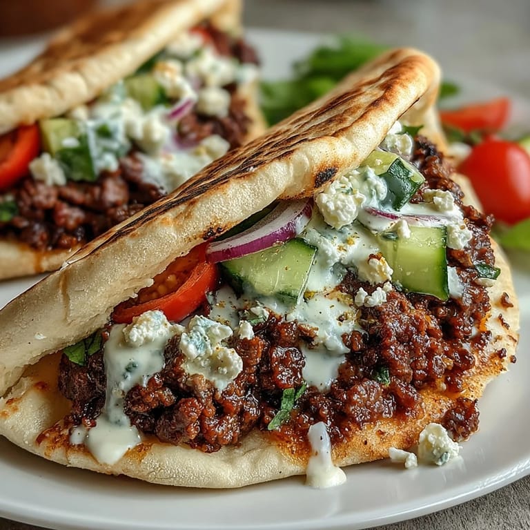 Smakowite kieszonki z pitą wypełnione wołowiną, koperkiem i sosem tzatziki na stole w kuchni.