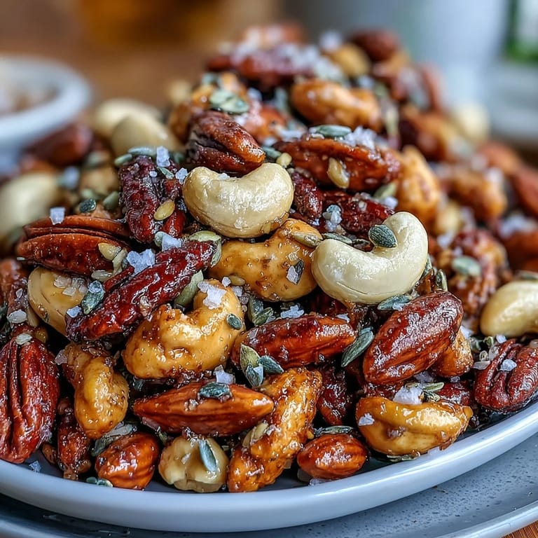 Shiny, caramel-coated Salted Honey & Peanut Snack Mix mingles with pecans on a rustic table, ready for an American-style afternoon treat.