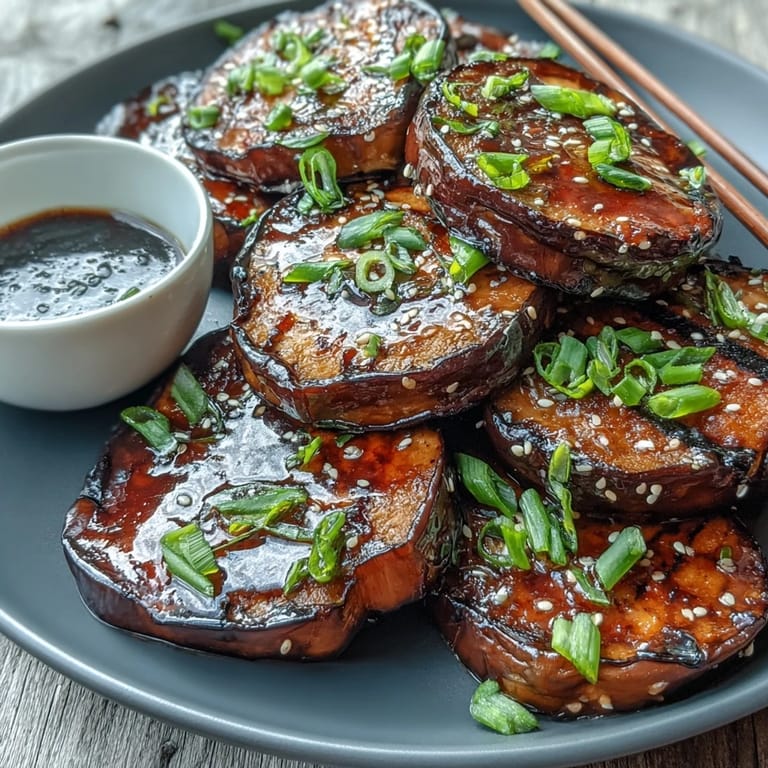 Golden vegetarian Miso-Glazed Eggplant Steaks garnished with sesame seeds for a savory finish.
