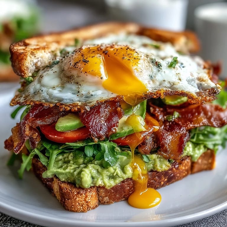Toasted sourdough layered with avocado mash, greens, and bacon, topped with a runny egg for a hearty morning meal.