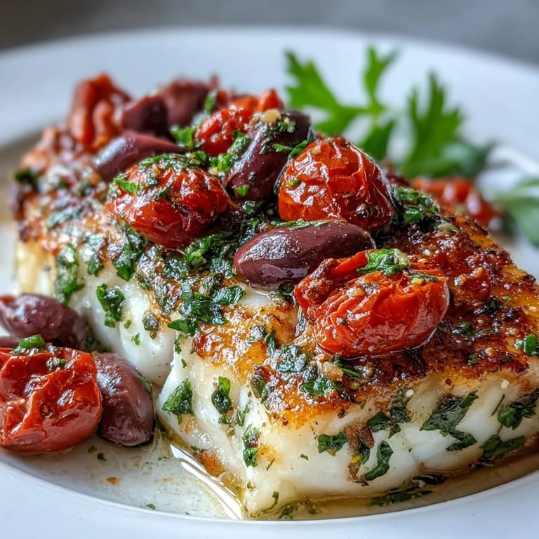Mediterranean Baked Cod with Tomatoes, Olives, and Herbs garnished with fresh parsley.