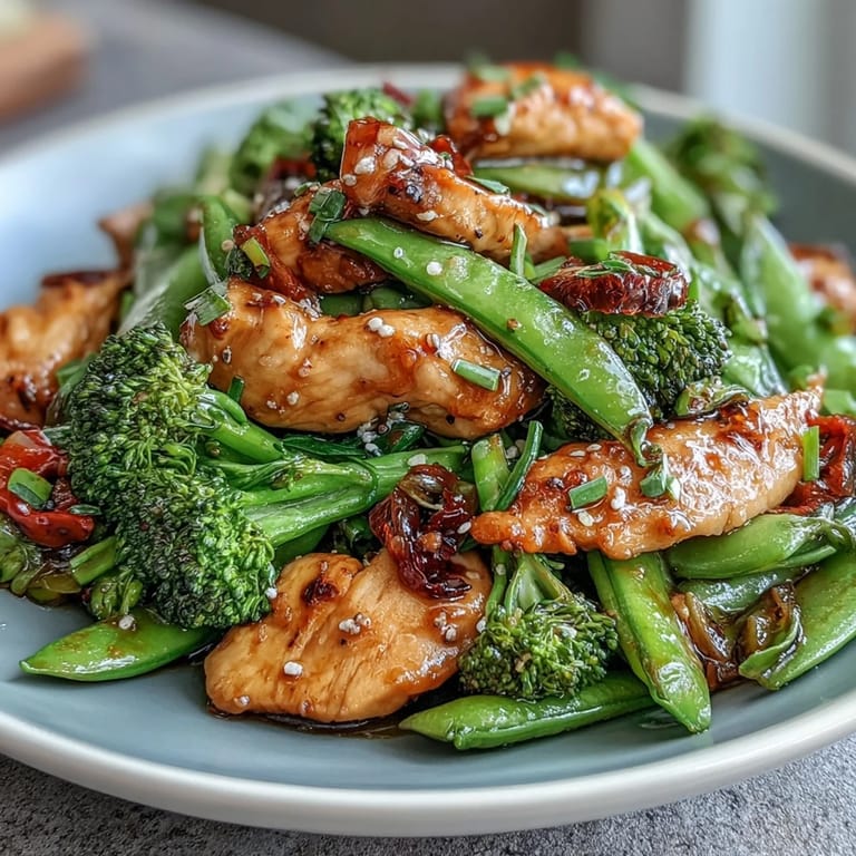 Sliced lean chicken breast and bright snap peas in 30-Minute Skinny Chicken Stir-Fry with Broccoli and Snap Peas.