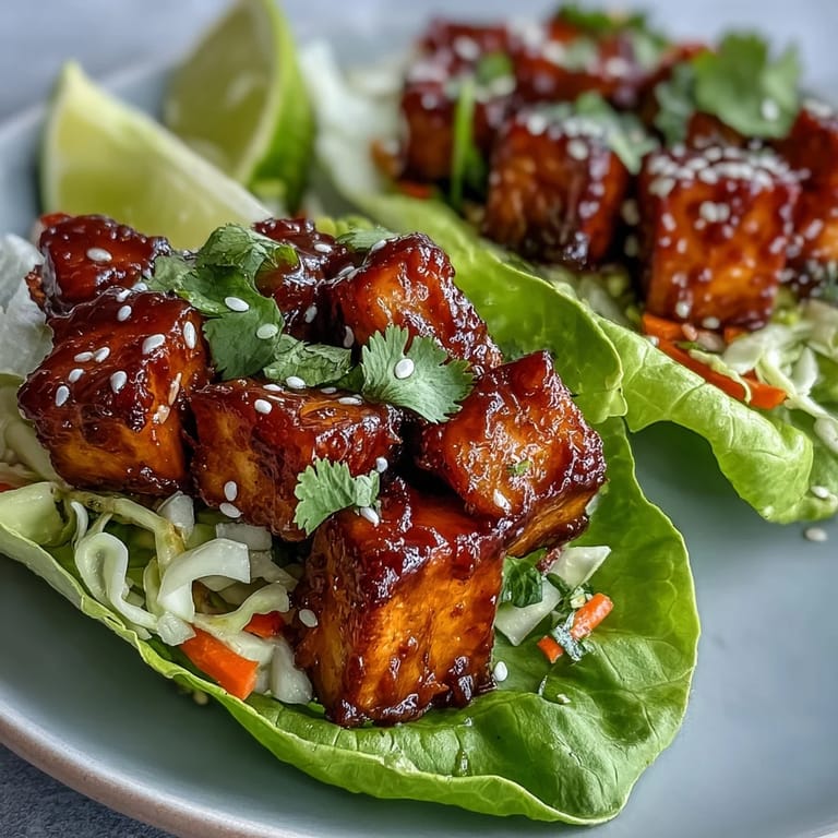 Fresh, light Vegan Sweet Chili Tofu Lettuce Cups with lime wedges, vibrant slaw, and sesame seeds for easy appetizer