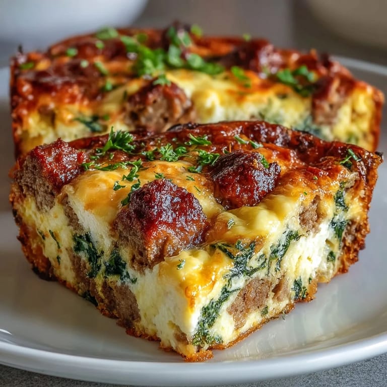 Close-up of Keto Sausage, Egg, and Spinach Breakfast Bake revealing juicy sausage crumbles and wilted green spinach.