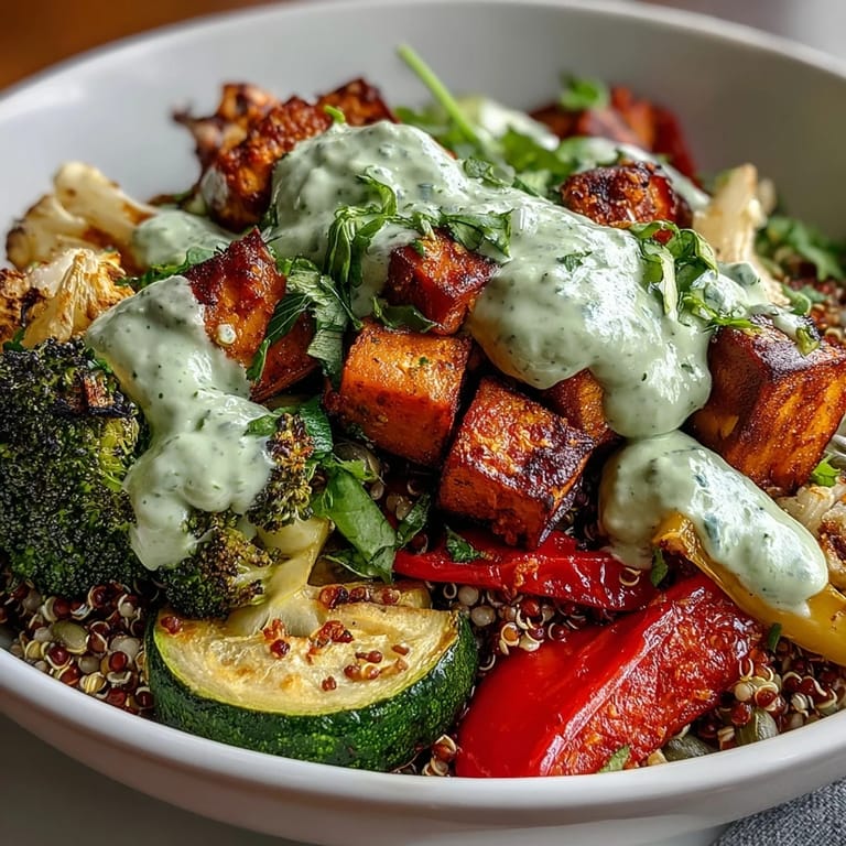 A wholesome serving suggestion for Vegan Roasted Veggie Buddha Bowl with bright herbs, pumpkin seeds, and lemon wedges.