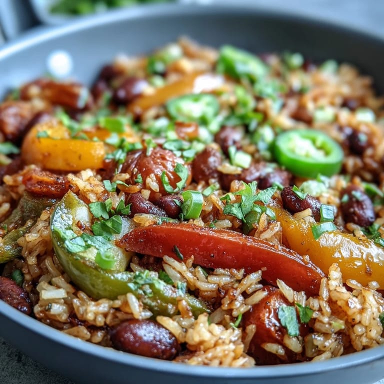 Hearty One-Pan Vegan Fajita Rice Skillet with Peppers and Black Beans in a skillet, topped with lime wedges and avocado for a zesty weeknight dinner.