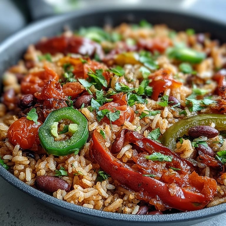 Sizzling One-Pan Vegan Fajita Rice Skillet with Peppers and Black Beans beside fresh cilantro, bright bell peppers and onions mingling with tender rice.