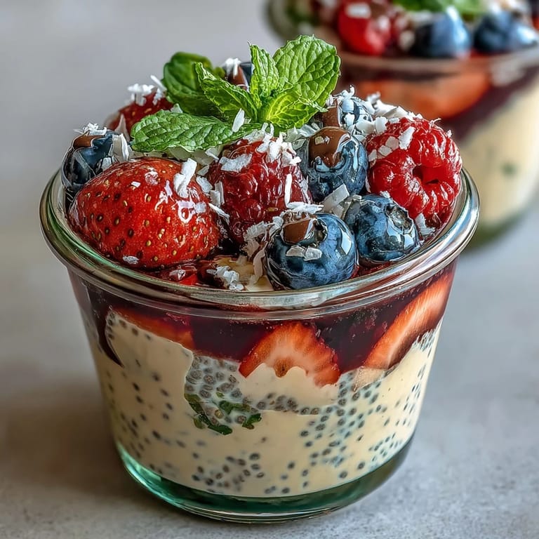 Przygotowane Summer Berry Chia Pudding Meal Prep Cups z miętą i wiórkami kokosowymi.