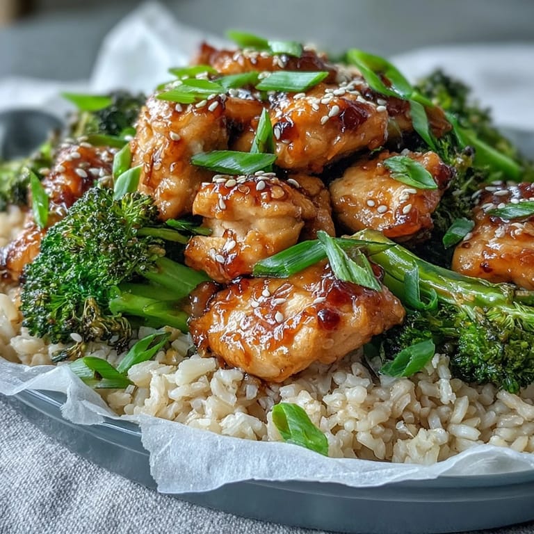 Aromatyczne danie z patelni: kurczak i brokuły w słodko-słonym sosie teriyaki z brązowym ryżem i zieloną cebulką