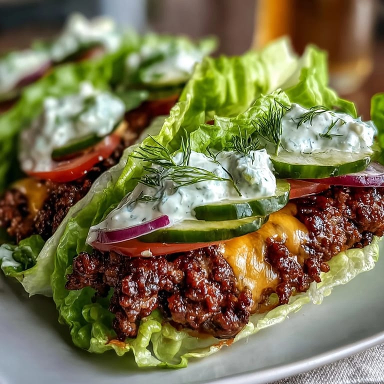 Overhead view of Keto Cheeseburger Lettuce Wraps with Pickles and Secret Sauce, with vibrant tomato slices, red onion, and creamy secret sauce drizzled over golden melted cheddar.