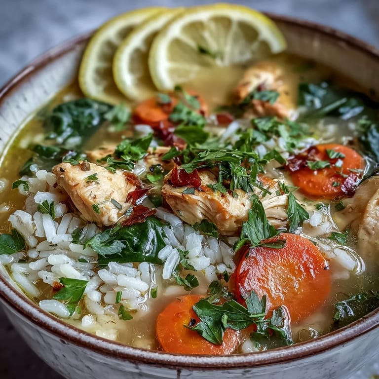 Szybka Zupa Cytrynowa z Kurczaka i Ryżu z szpinakiem i świeżymi ziołami, idealna na rodzinny obiad.