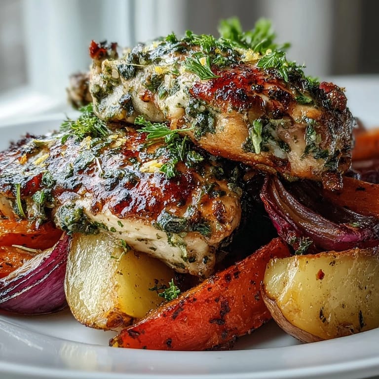 Tender Sheet Pan Herb-Crusted Chicken with Root Vegetables nestled beside sweet potatoes, carrots, and parsnips, with fresh herbs and lemon zest for brightness.