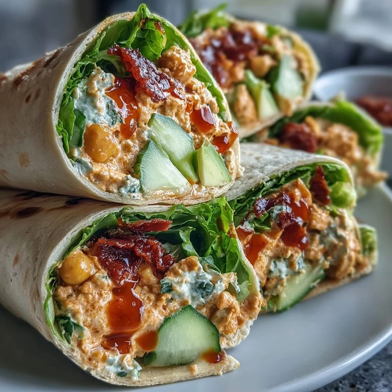 Savory Vegan Buffalo Chickpea Salad Wraps halved to reveal chunky filling, with celery, carrot, and lemon nearby.