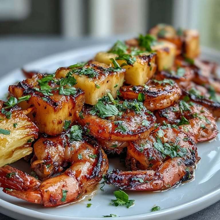 Soczyste krewetki i ananas na patyku marynowane w limonkowym sosie na grille