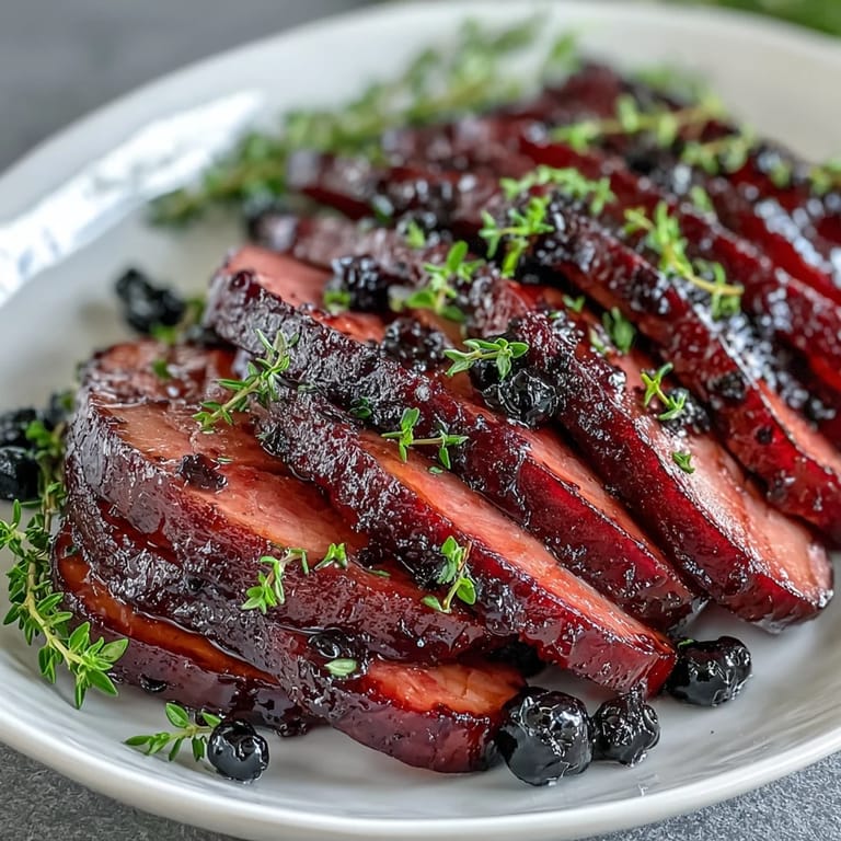 2. Succulent bone-in ham coated in a glossy black currant jam glaze, featuring hints of mustard and allspice, perfect for a special holiday meal.  