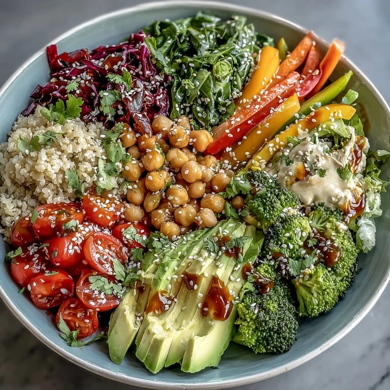 Kolorowa miska Buddhy z sezamowo-imbrowym sosem, z awokado, czerwoną kapustą i warzywami na górze ziarna.