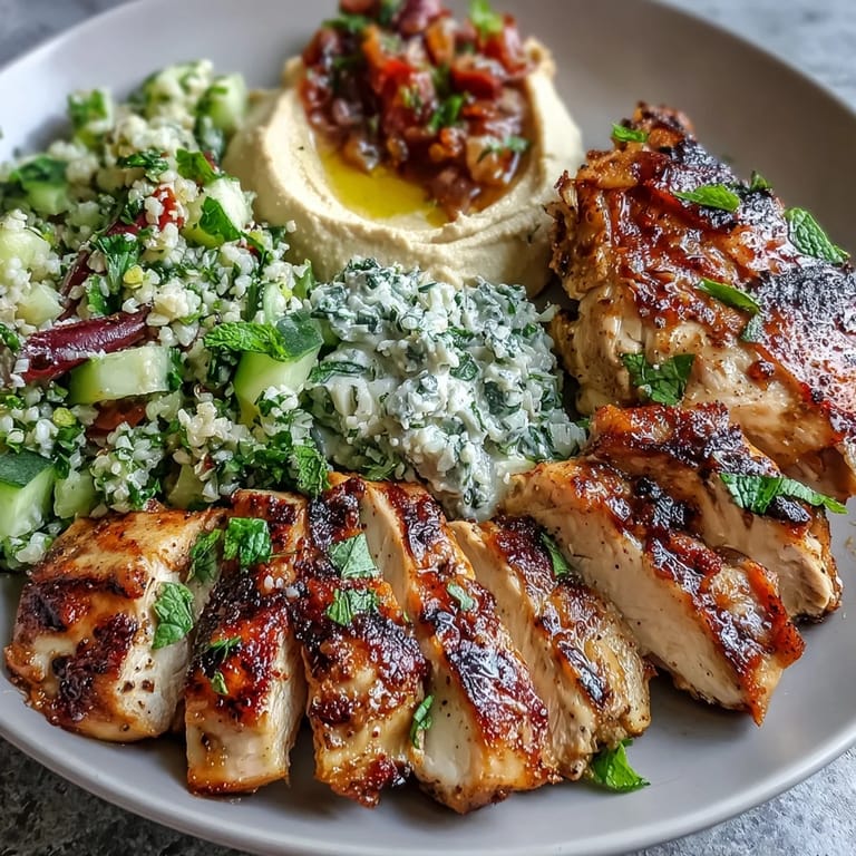 3. Grilled chicken breast with Mediterranean seasoning, creamy hummus, and refreshing parsley mint tabbouleh on a white plate.