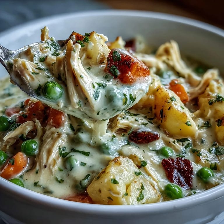 Sernikowa zupa z kurczakiem i zielonymi groszkami, udekorowana świeżą pietruszką.