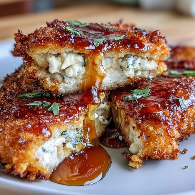 Kurczak panierowany w panko, zrumieniony i posypany feta, polany gorącym miodem.  