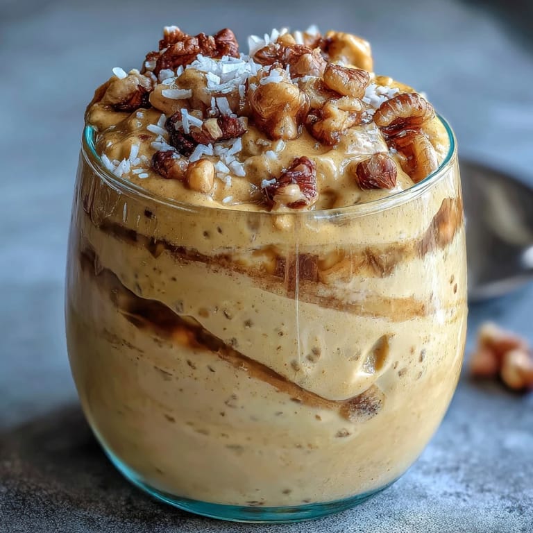 2. Creamy vegan overnight oats infused with warming turmeric, ginger, and cinnamon, garnished with sliced banana and chia seeds.