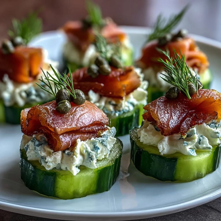 Świeże kawałki ogórka z kremowym serem i wędzonym łososiem – przepyszne, oryginalne danie na przyjęcie.