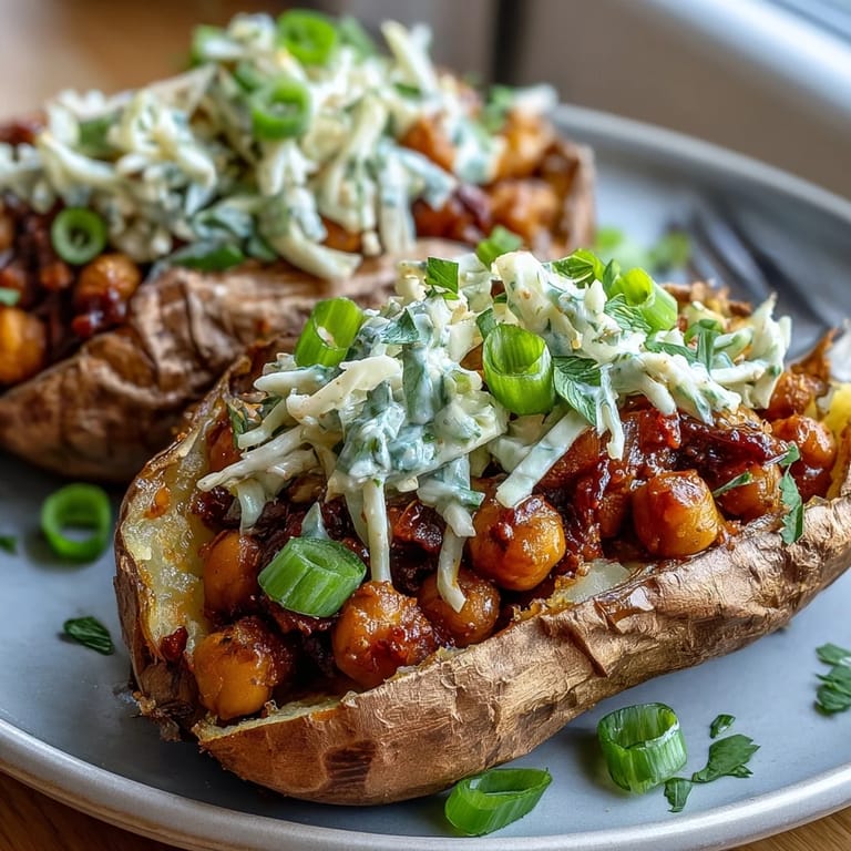 Ciepłe ziemniaki słodkie napełnione dymioną kłosówką w sosie BBQ i udekorowane chrupiącą sałatką kapusty na amerykański sposób.