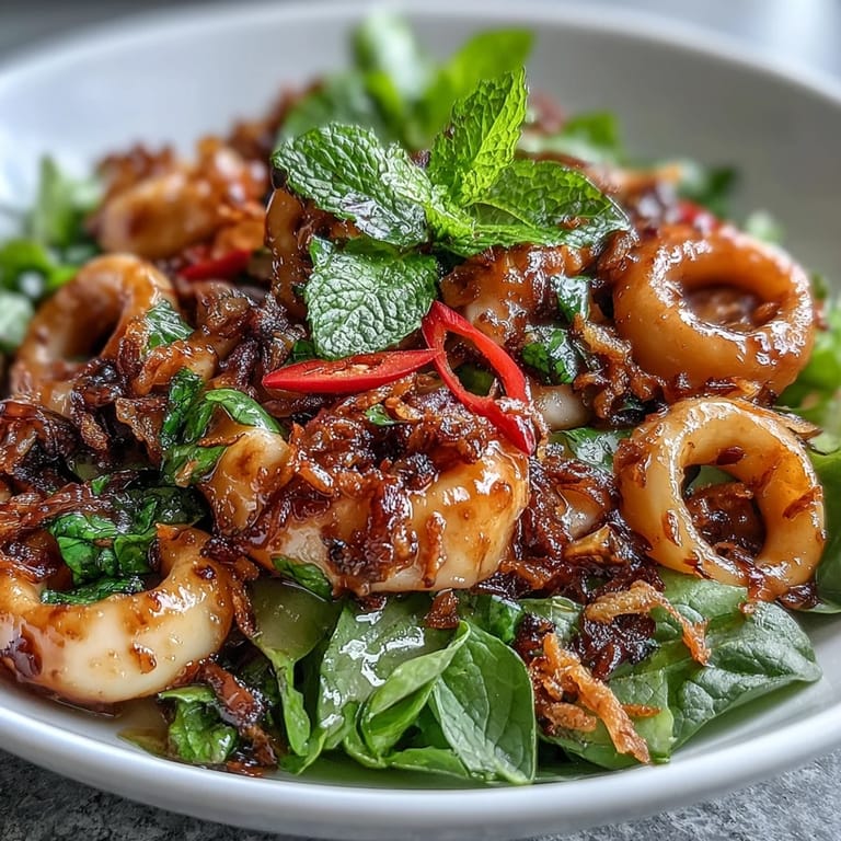 Vibrant Asian fusion salad featuring grilled squid, lime, chilli, and fresh coriander with crispy topping.