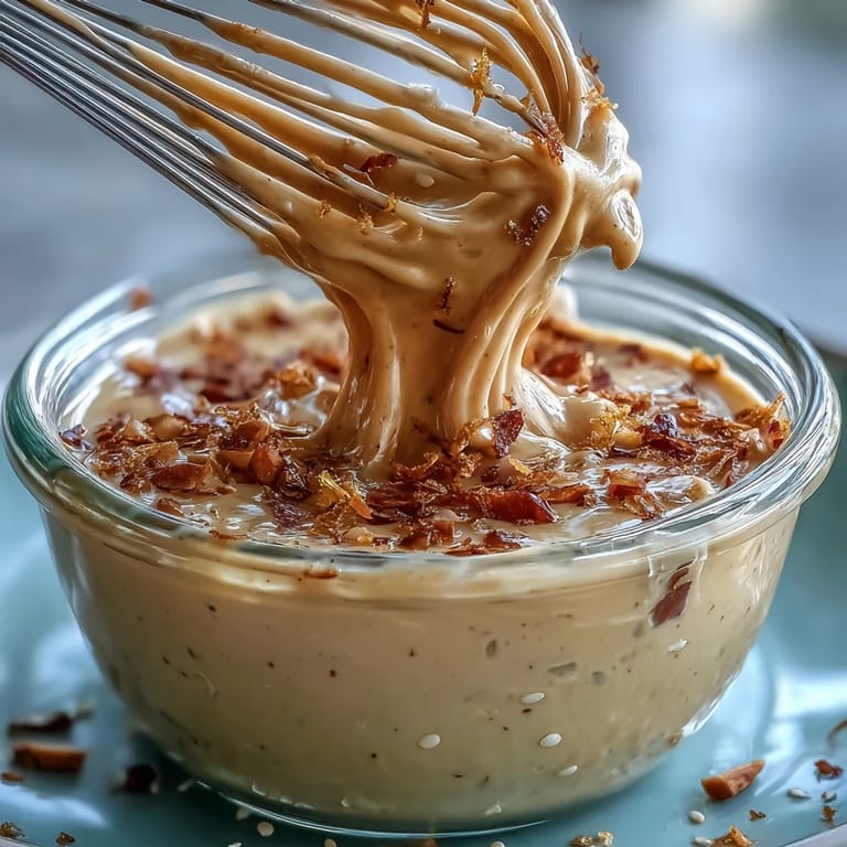 Złota, kremowa sałatkowa z tahini z lekkim kwaskiem i nutą czosnku, idealna do dipów i sałatek.