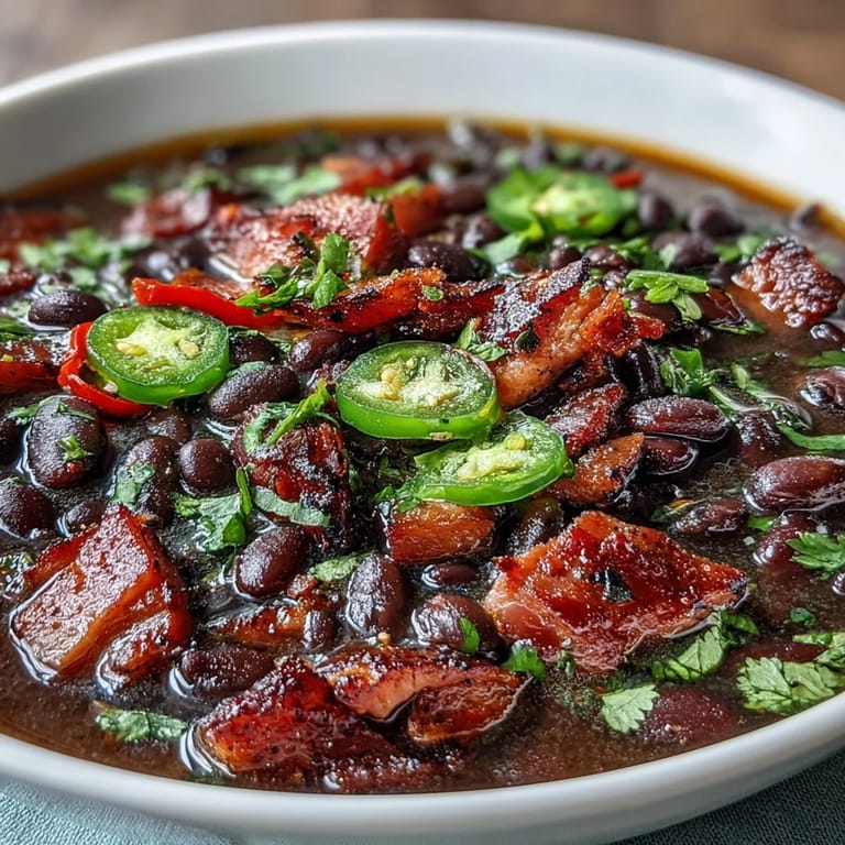 Gęsta, ostra zupa z czarną fasolą, szynką i papryką, podawana z świeżą kolendrą.