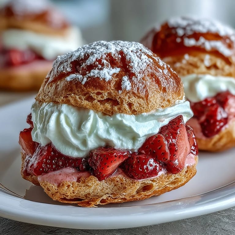 Golden choux pastry puffs bursting with fresh strawberry cream, perfect for a romantic Valentine's dessert.