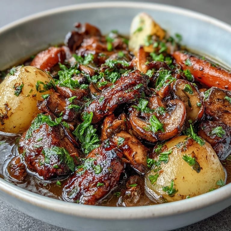 Wygodna, wegańska zupa irlandzka z mięsem grzybowym i ziołami, podawana na gorąco z świeżą pietruszką.