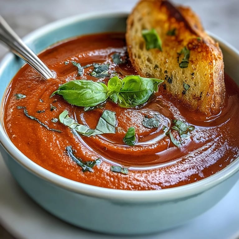 Pyszna zupa pomidorowa z bazylią, podawana z grzankami z chleba kwaszonego - idealna na kąpiel w zimny dzień.