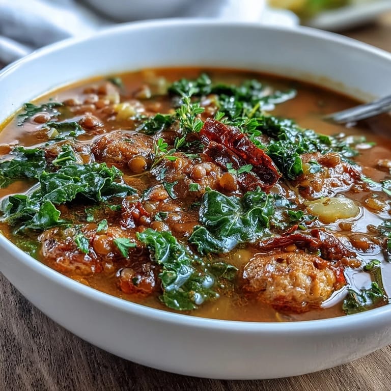 Pyszna zupa z kiełbasą, soczewicą i kalafiorem, złożona w głębokim garnku, gotowa do podania na obiad.