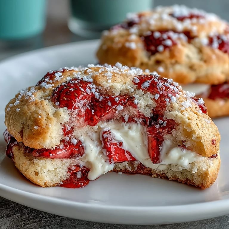 Homemade cottage cheese strawberry shortcake cookies topped with coarse sugar, perfect for dessert or snacking.