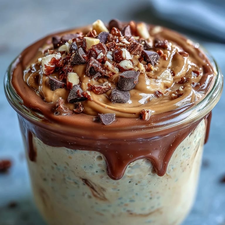Słodkie płynne miodowe mieszanka z masłem orzechowym i czekoladą, idealne na deser lub poranny posiłek w szklance.