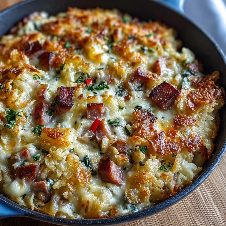 Pyszne śniadanie z chrupiącymi ziemniakami, kremowym serem i szynkiem, podane gorące z patelni.