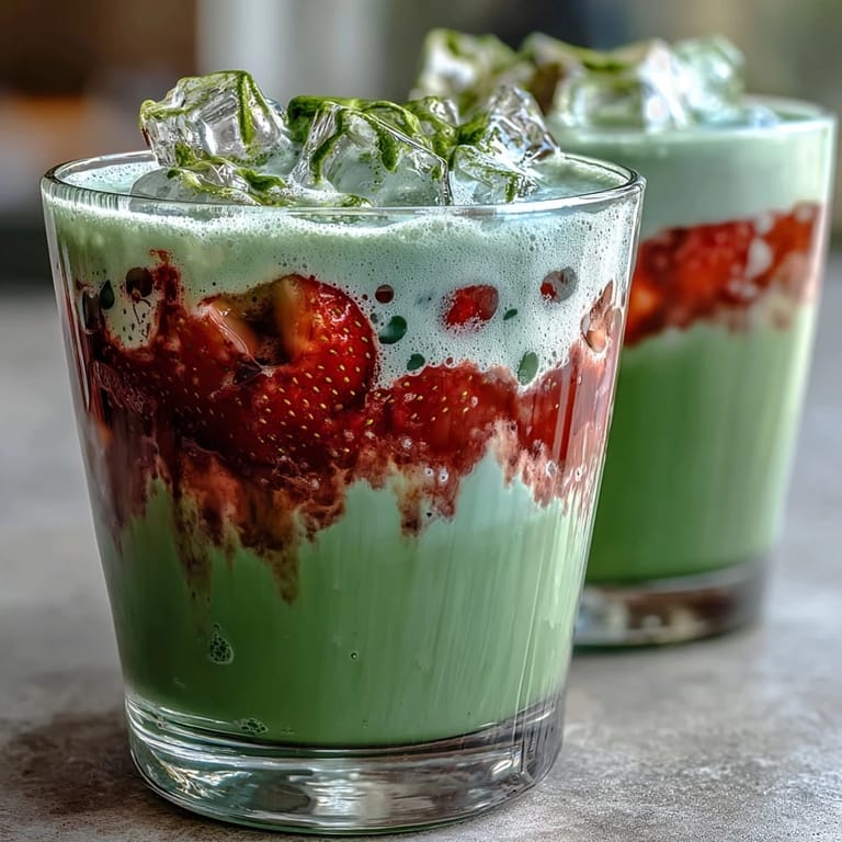 Żywy, warstwowy napój z truskawkami, matcha i puszystym mlekiem owsianym – idealny na gorący dzień.
