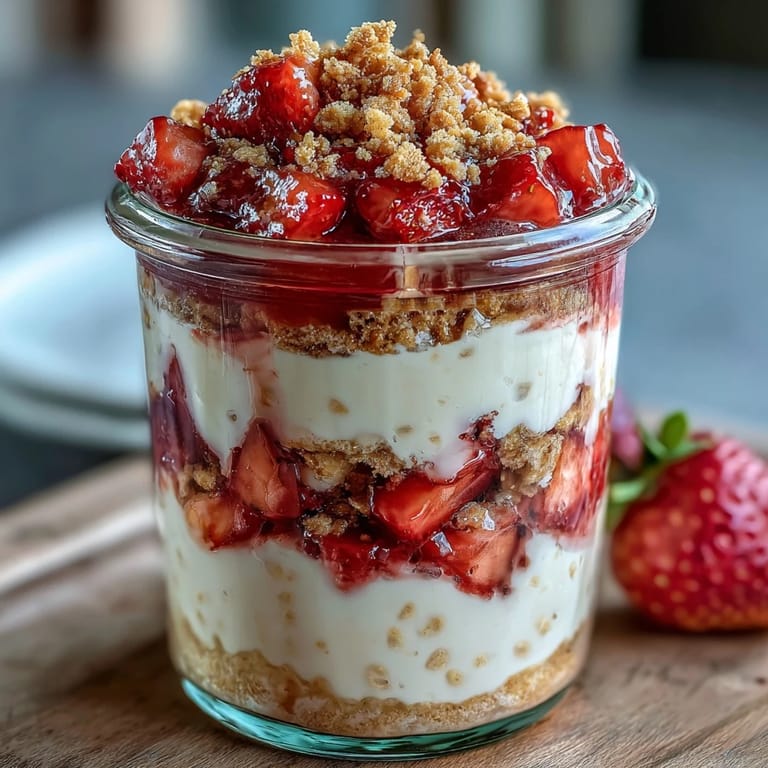 2. A jar of strawberry cheesecake overnight oats, featuring sweet strawberries, creamy oats, and a crumbly graham cracker crust topping.