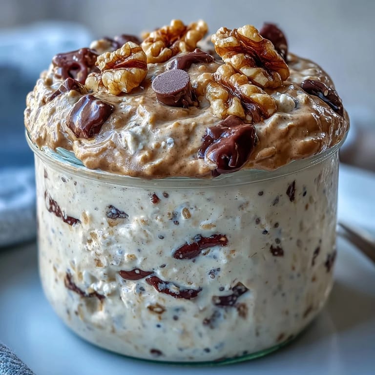 Na zdjęciu widać dwie słoiki z owsianką na zimno w kremowej konsystencji, zdobioną kawałkami czekolady i orzechami.  