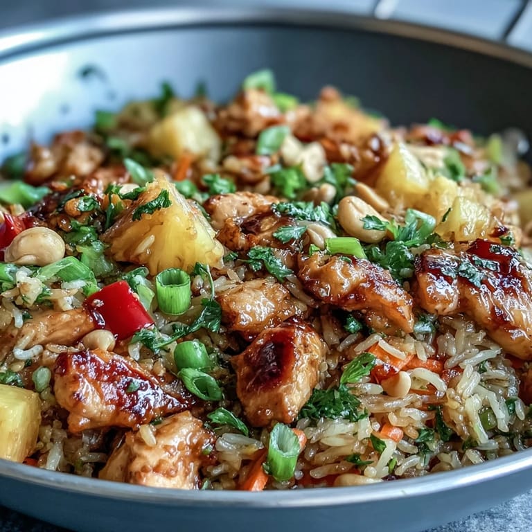 Kolorowy składnik tropikalnego ryżu smażonego z ananasem i kurczakiem, z orzeszkami i zieloną cebulką jako dekoracja.