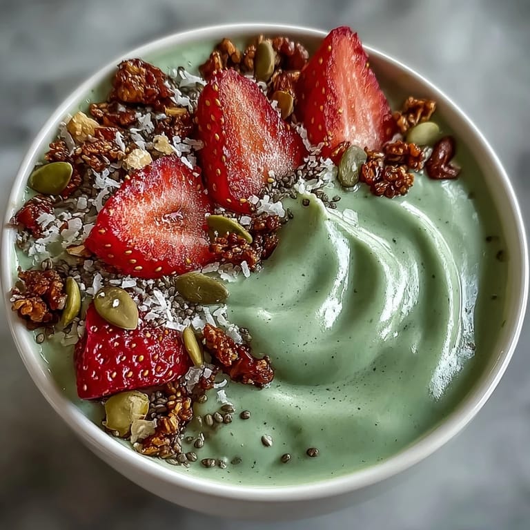 3. Creamy strawberry matcha latte smoothie bowl garnished with sliced strawberries, crunchy granola, chia seeds, pumpkin seeds, and coconut flakes for a vibrant treat.