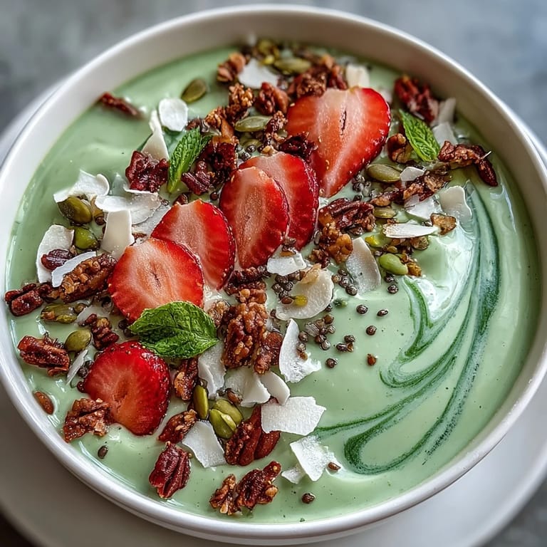 2. Refreshing matcha smoothie bowl blending sweet strawberries and banana, topped with colorful fresh fruit, seeds, and crunchy granola for a nourishing breakfast.