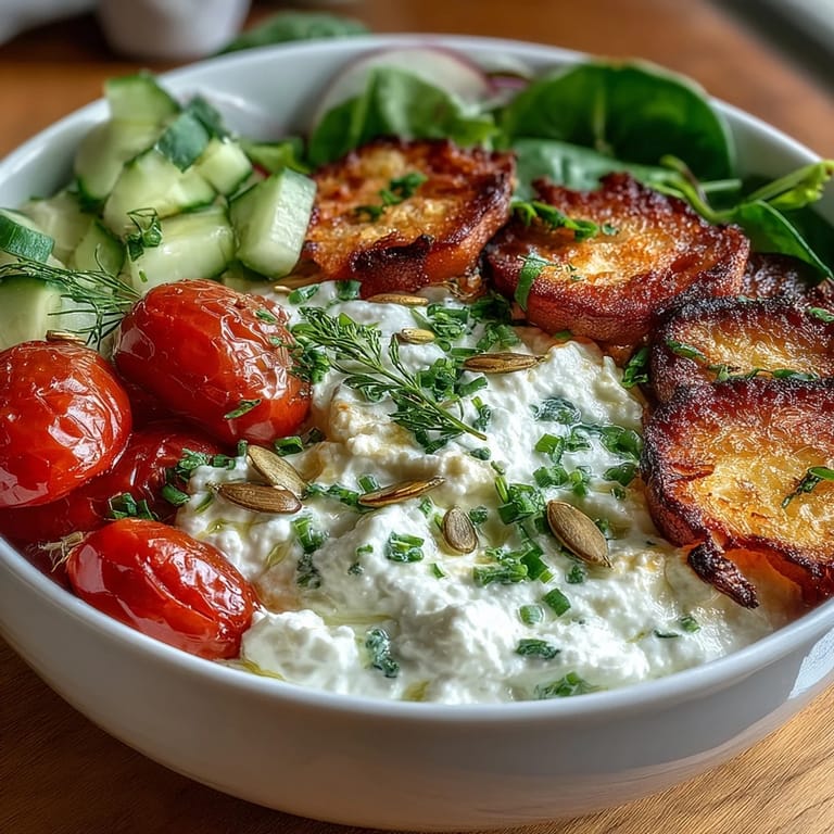 Obraz smacznej miski śniadaniowej z serem wiejskim, warzywami i ziołami, pełnej białka i witamin na zdrowy start dnia.
