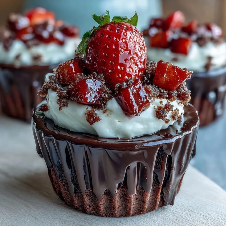 Eleganckie filiżanki czekoladowe wypełnione kremem z truskawek, udekorowane kruszonką Biscoff.
