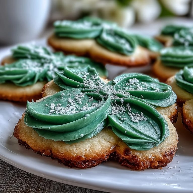 Delikatne, świąteczne ciasteczka cukrowe z wyraźnymi konturami kremu masłowego w kolorze zielonym i złotym.
