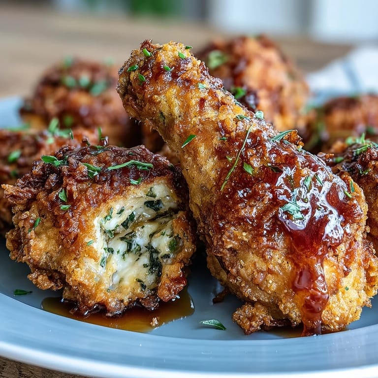 Słodko-ostre kurczak pieczony do złotego koloru, polany ciepłym miodem i posypane świeżą natką pietruszki.